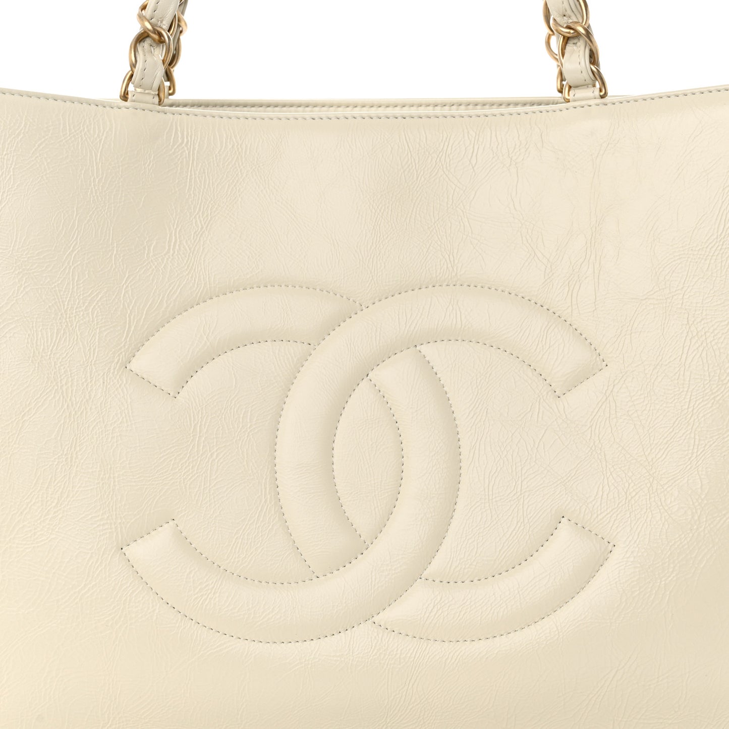 Shiny Aged Calfskin Shopping Bag White