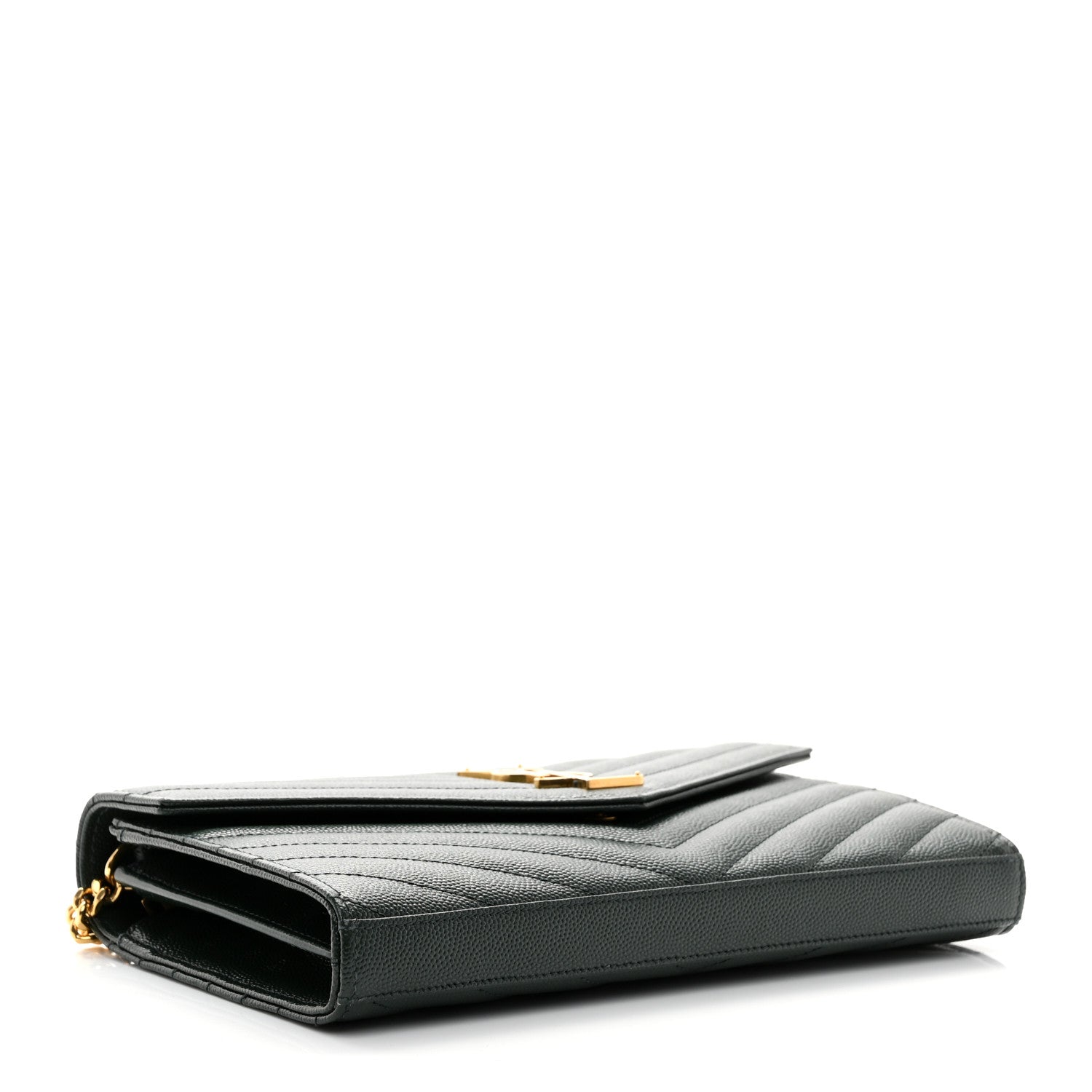 Saint Laurent Grain De Poudre Matelasse Chevron Monogram Chain Wallet Dark Green 4 of 9