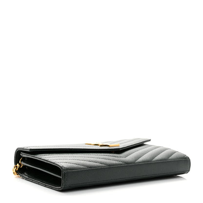 Saint Laurent Grain De Poudre Matelasse Chevron Monogram Chain Wallet Dark Green 4 of 9