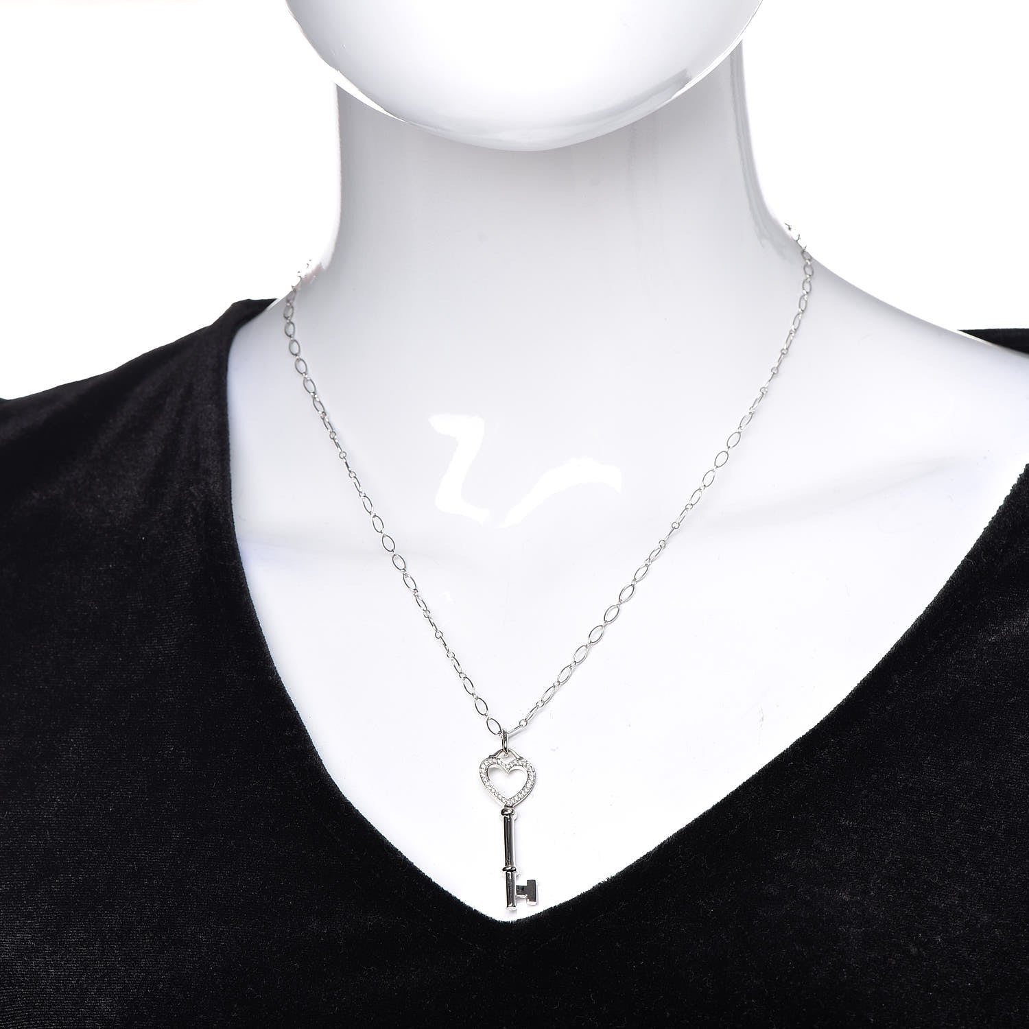 Tiffany 18K White Gold Diamond Mini Heart Key Charm Pendant Link Necklace 3 of 9