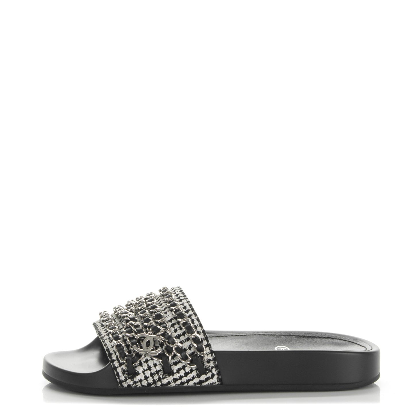Tweed Lambskin Chain Flat Sandals 35 Black White