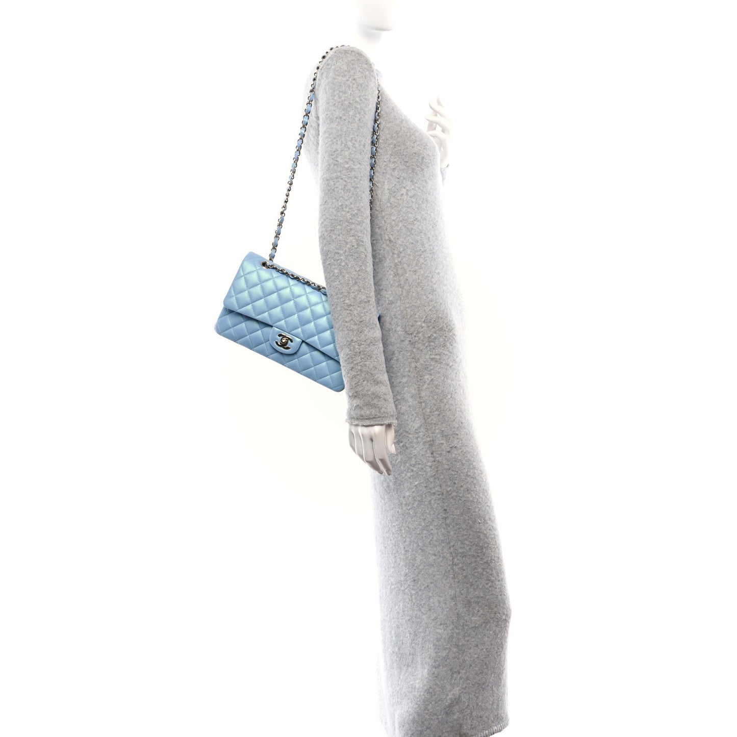 Iridescent Lambskin Quilted Medium Double Flap Light Blue