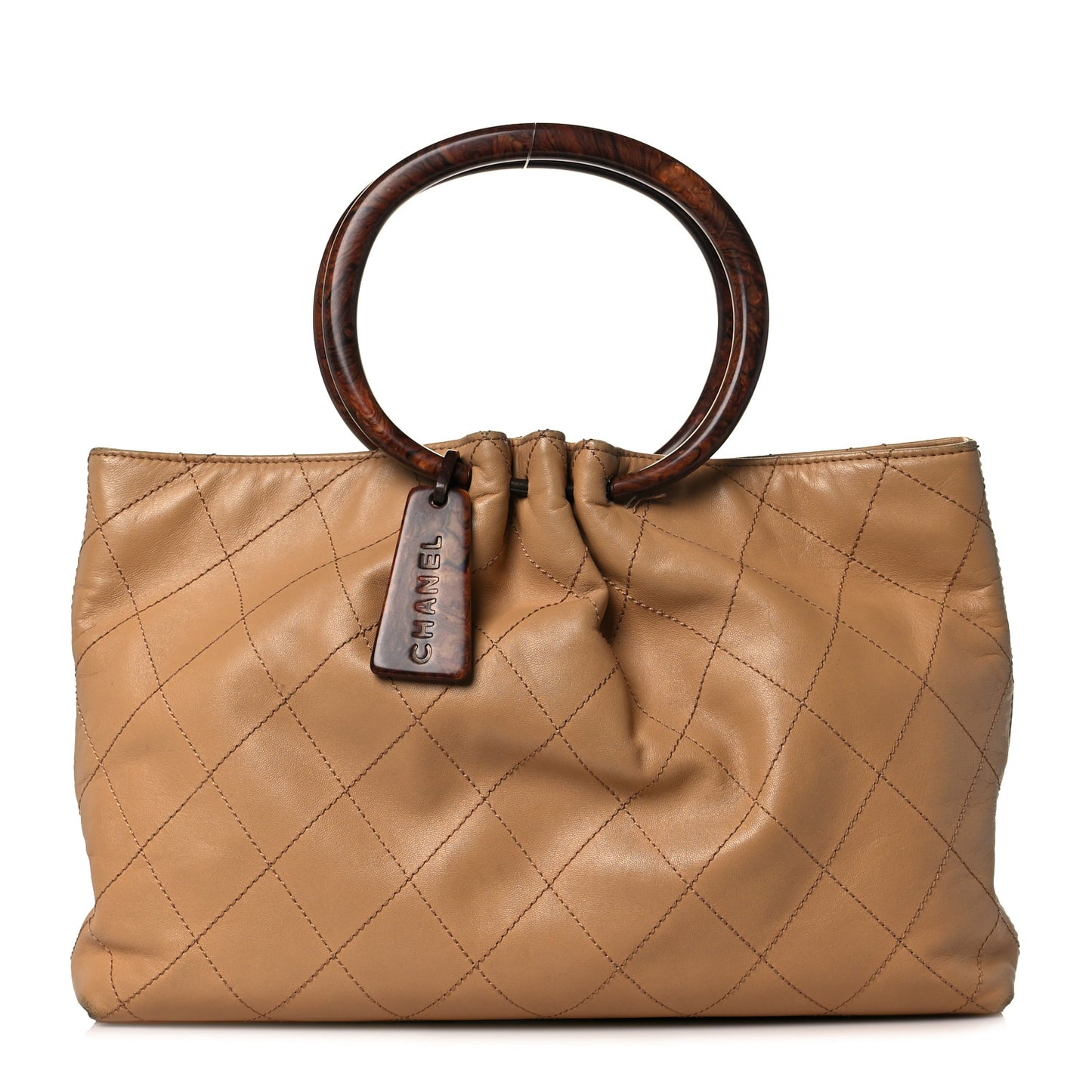 Lambskin Stitched Large Wood Handle Bag Beige