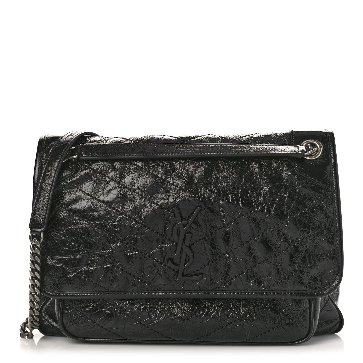 Crinkled Calfskin Matelasse Monogram Large Niki Chain Satchel Black