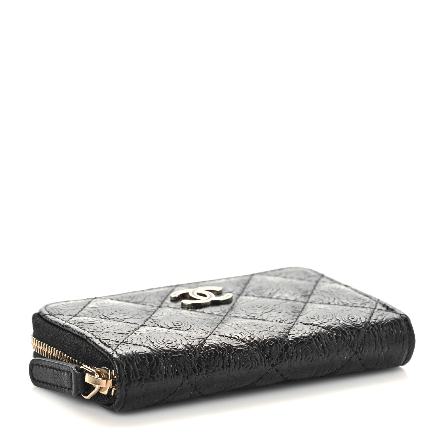 Chanel Calfskin Camellia Embossed Quilted Zip Coin Purse Black 4 of 10