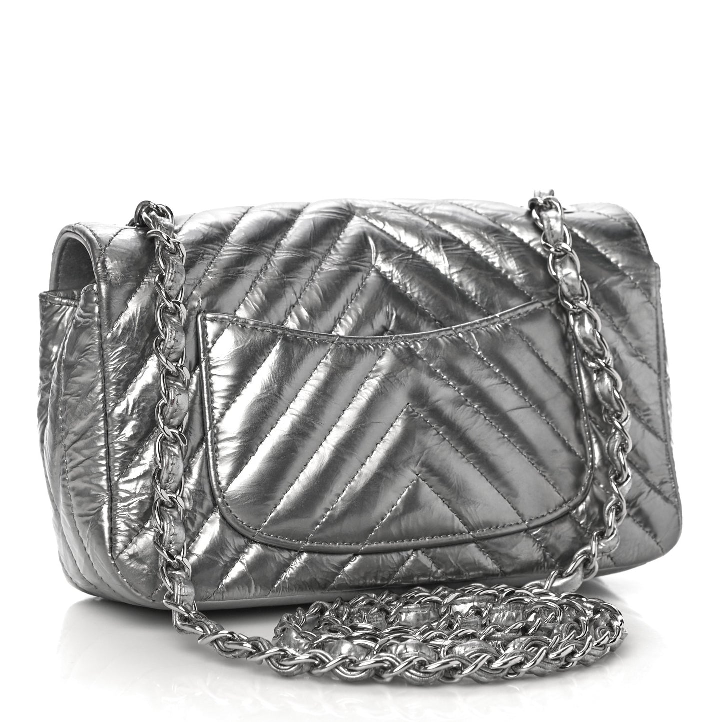 Patent Metallic Crumpled Calfskin Chevron Quilted Mini Rectangular Flap Silver