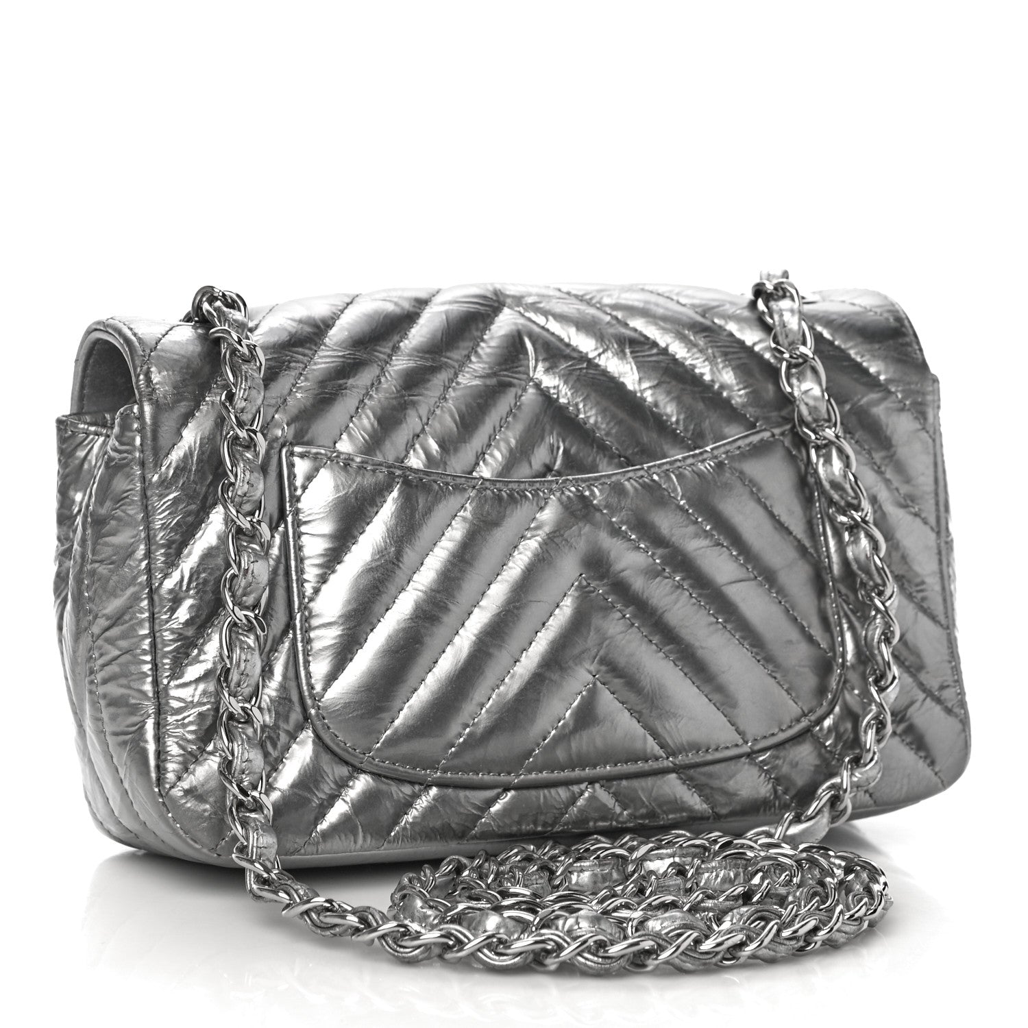 Chanel Patent Metallic Crumpled Calfskin Chevron Quilted Mini Rectangular Flap Silver 2 of 9