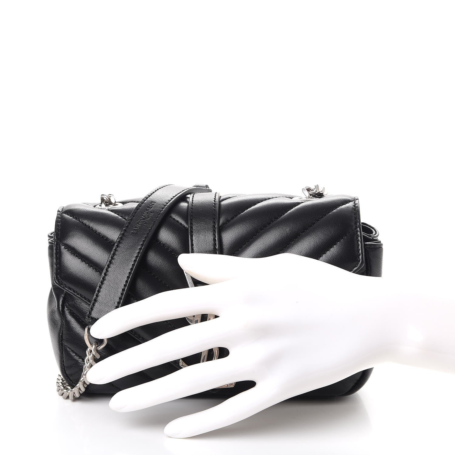 Saint Laurent Grained Calfskin Matelasse Chevron Monogram Classic Baby Chain Bag Black 3 of 8