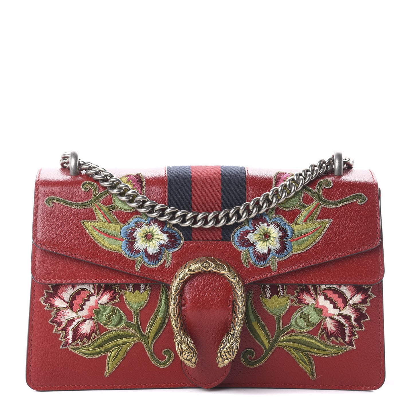 Calfskin Web Floral Embroidered Small Dionysus Shoulder Bag Hibiscus Red