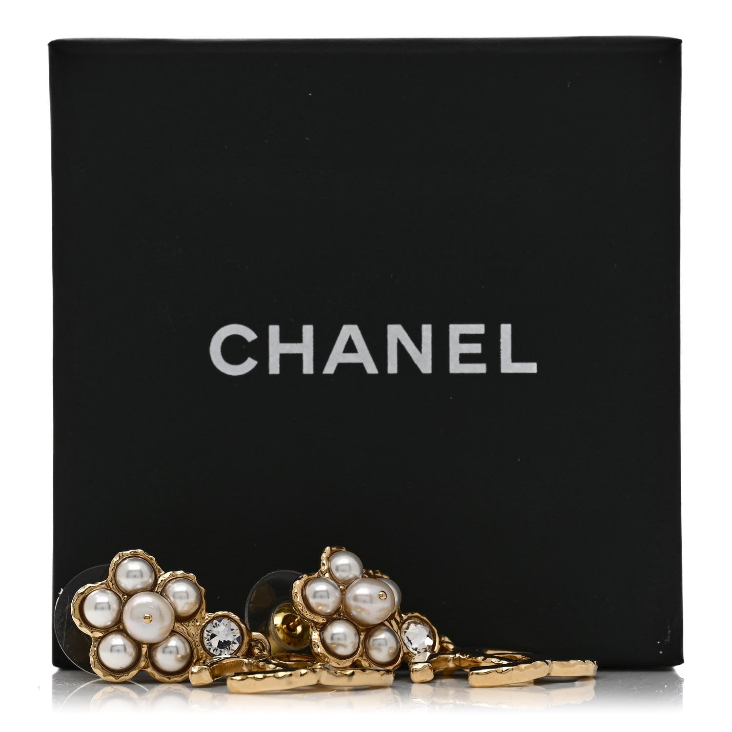 Chanel Pearl Crystal CC Flower Drop Earrings Gold White 5 of 5
