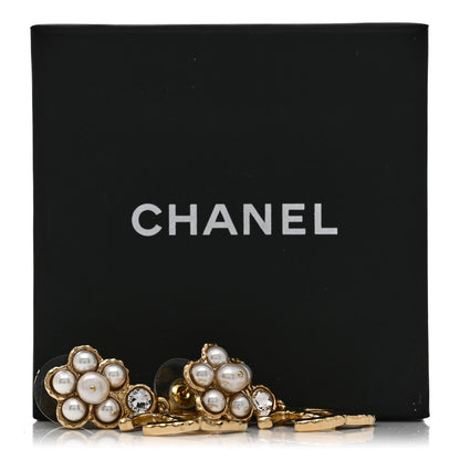 Chanel Pearl Crystal CC Flower Drop Earrings Gold White 5 of 5