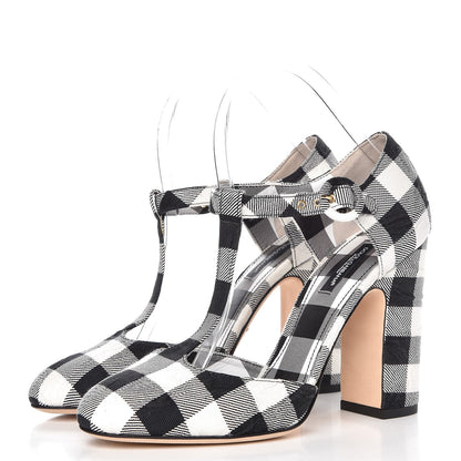 Dolce & Gabbana Gingham Brocade T Bar Pumps 37.5 Black White 3 of 13