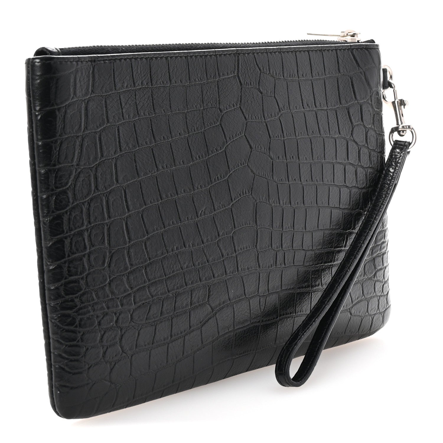 Saint Laurent Calfskin Crocodile Embossed Monogram Zip Pouch Black 3 of 7