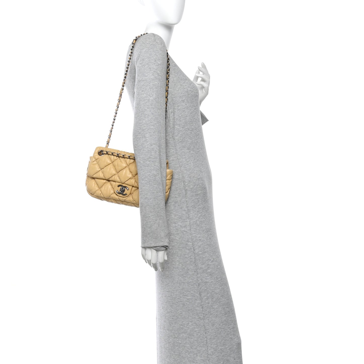 Calfskin Quilted Medium Bubble Quilt Flap Bag Beige