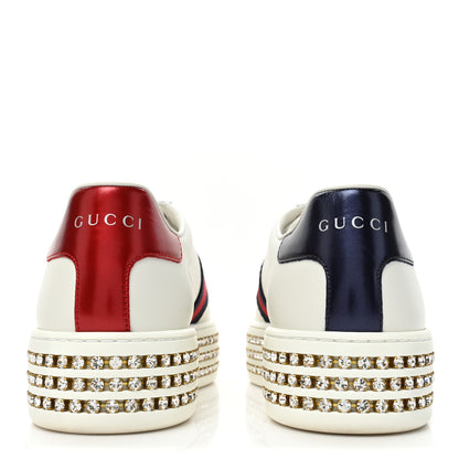 Gucci Calfskin Crystal Web Bee Embroidered Womens Ace Platform Sneakers 37 White 4 of 10