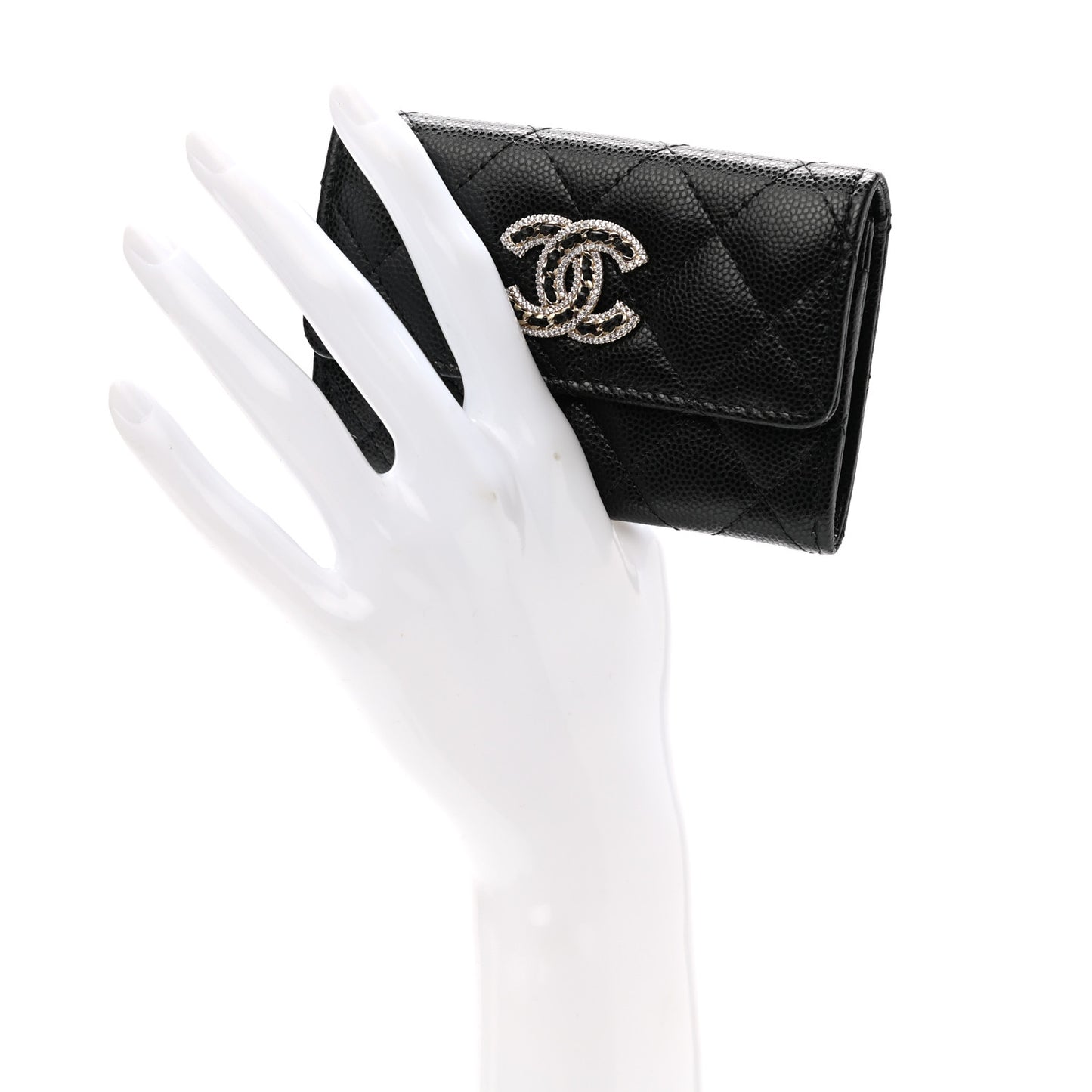 Caviar Quilted Crystal CC Flap Card Holder Black