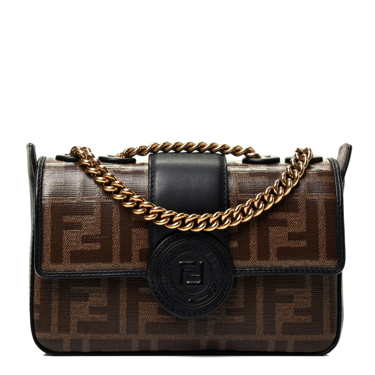 Fendi Glazed Fabric Vitello Century FF 1974 Stamp Patch Mini Double F Crossbody Bag Mogano Panna Black 1 of 4
