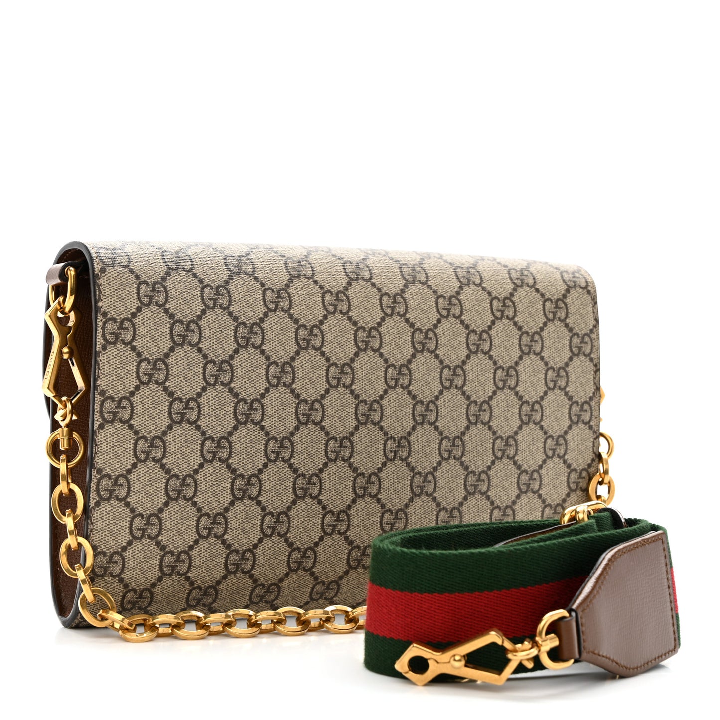GG Supreme Monogram Azalea Calfskin Web Small Horsebit 1955 Crossbody Bag Beige Ebony Brown Sugar