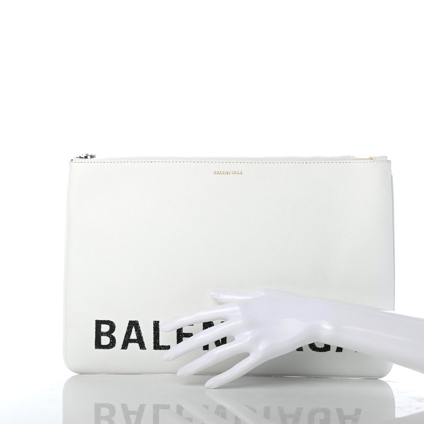 Signature Grained Calfskin Large Ville Zip Pouch White