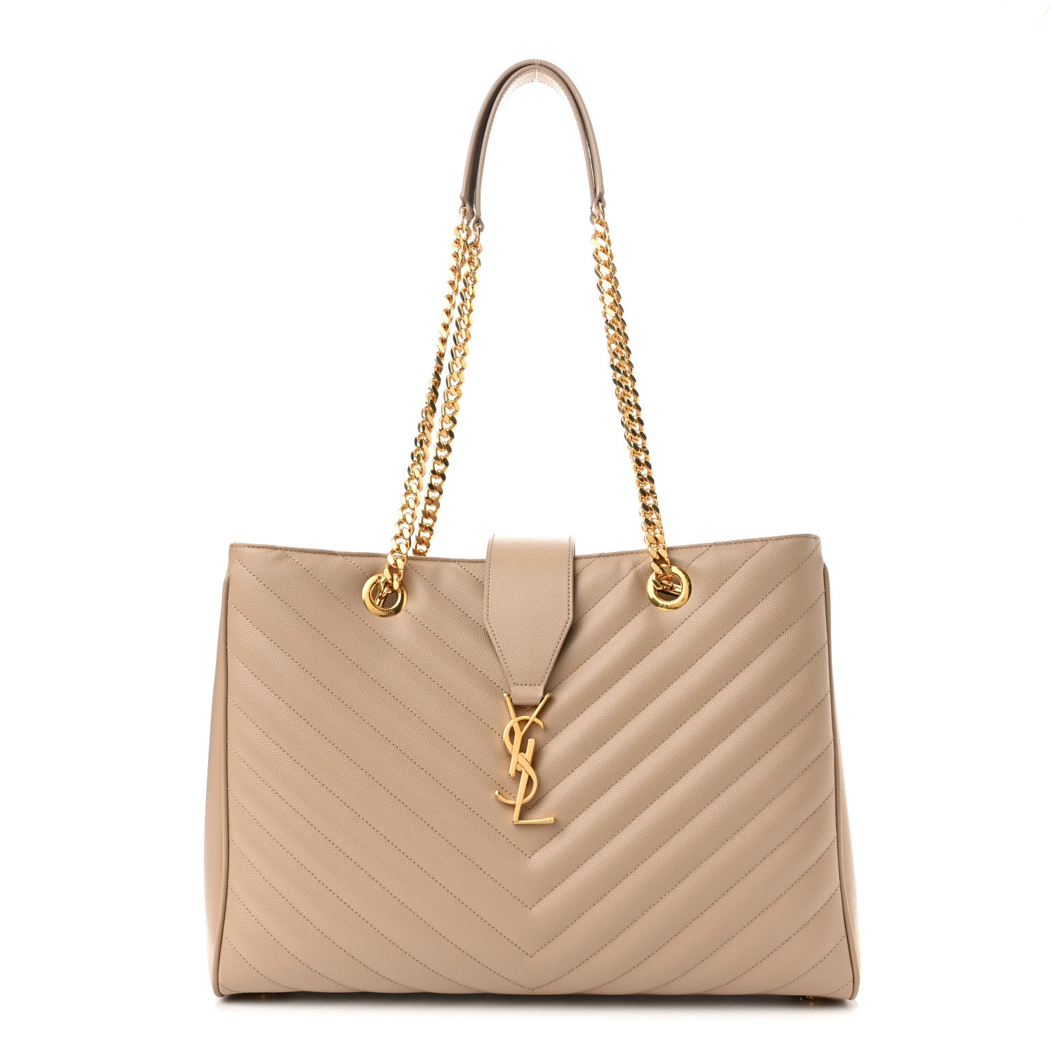 Saint Laurent Grain De Poudre Matelasse Chevron Monogram Shopping Bag Dark Beige 1 of 10