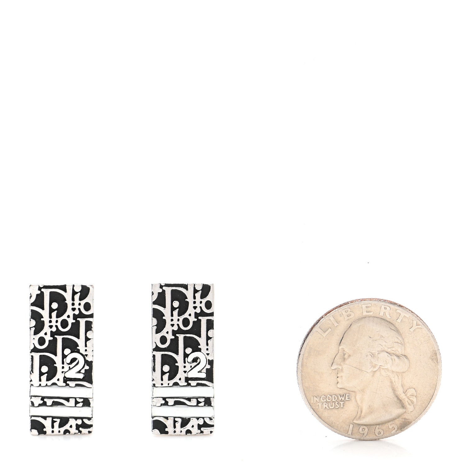 Christian Dior Metal Oblique Clip On Earrings Silver Black 2 of 6