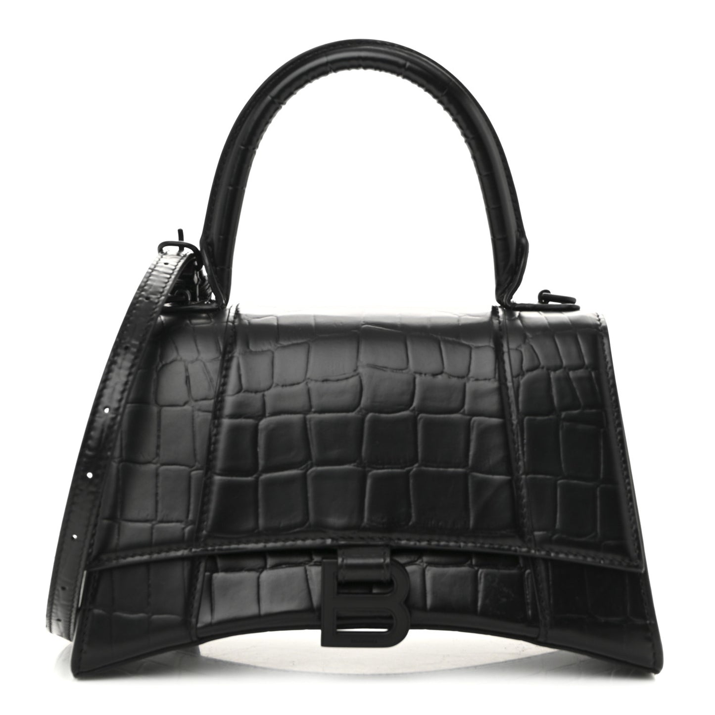 Semi Matte Calfskin Monochrome Crocodile Embossed Small Hourglass Top Handle Bag Black