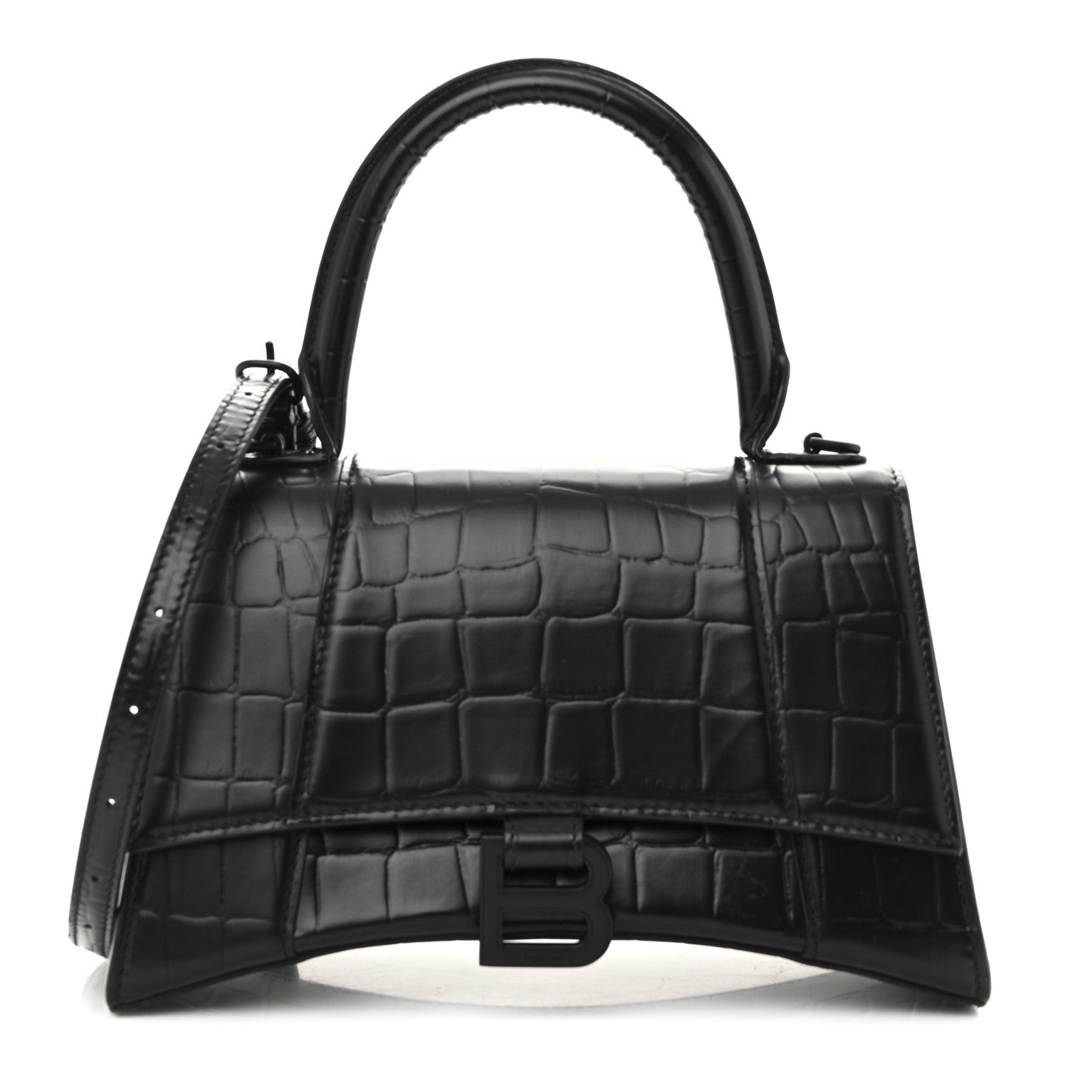 Balenciaga Semi Matte Calfskin Monochrome Crocodile Embossed Small Hourglass Top Handle Bag Black 1 of 9