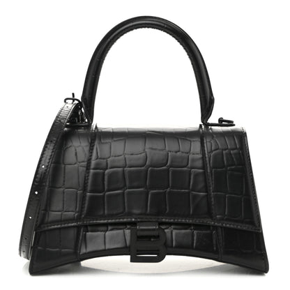 Balenciaga Semi Matte Calfskin Monochrome Crocodile Embossed Small Hourglass Top Handle Bag Black 1 of 9
