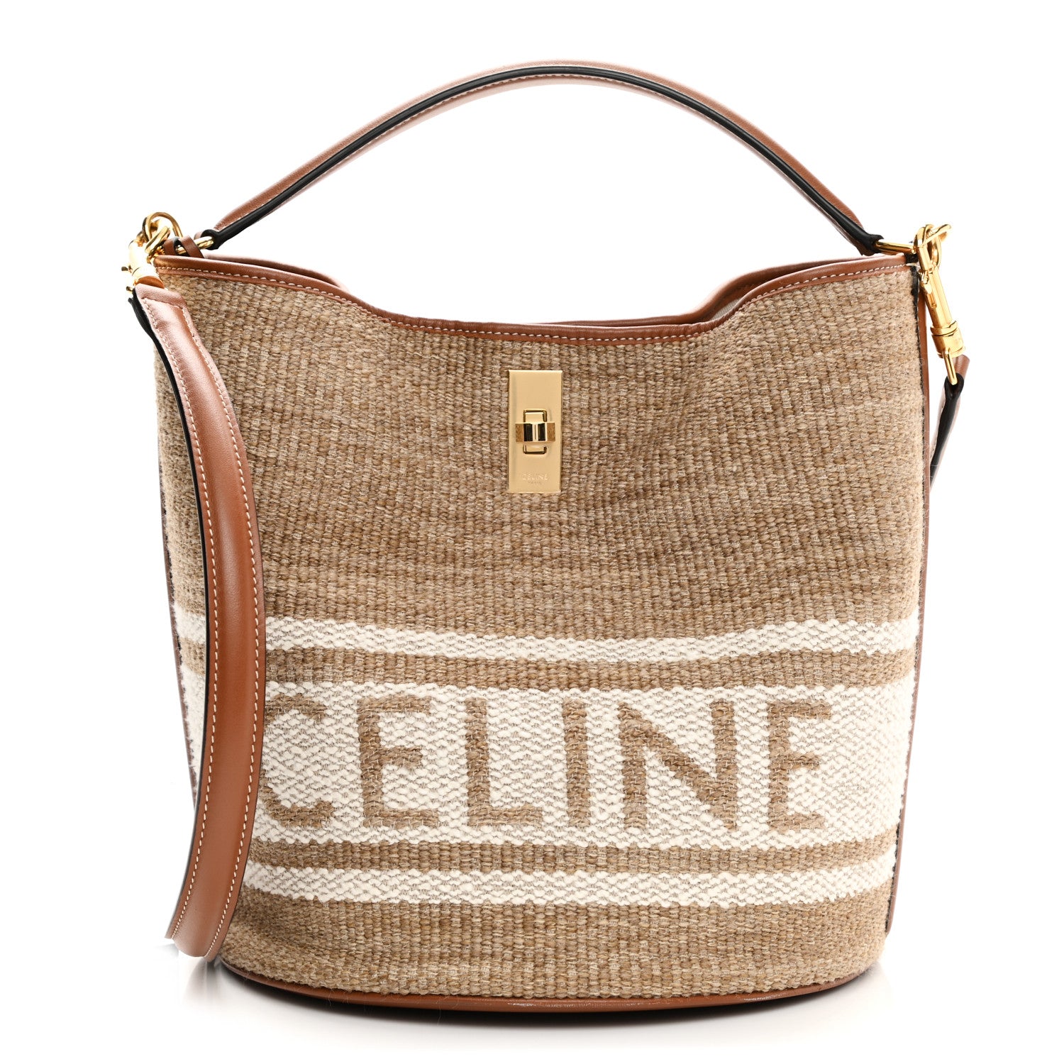 Celine Canvas Smooth Calfskin Logo Bucket 16 Bag Beige Tan 2 of 11