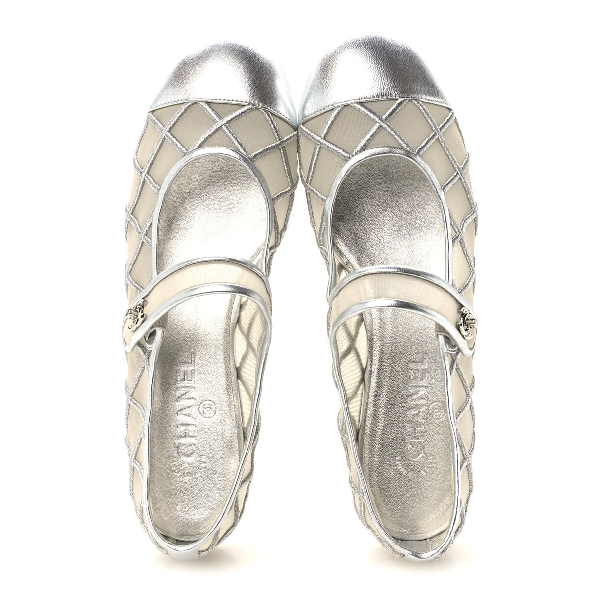 Chanel Laminated Lambskin Mesh Embroidered Quilted Mary Jane Cap Toe Flats  41 Silvered 2 of 9