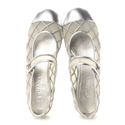 Chanel Laminated Lambskin Mesh Embroidered Quilted Mary Jane Cap Toe Flats  41 Silvered 2 of 9