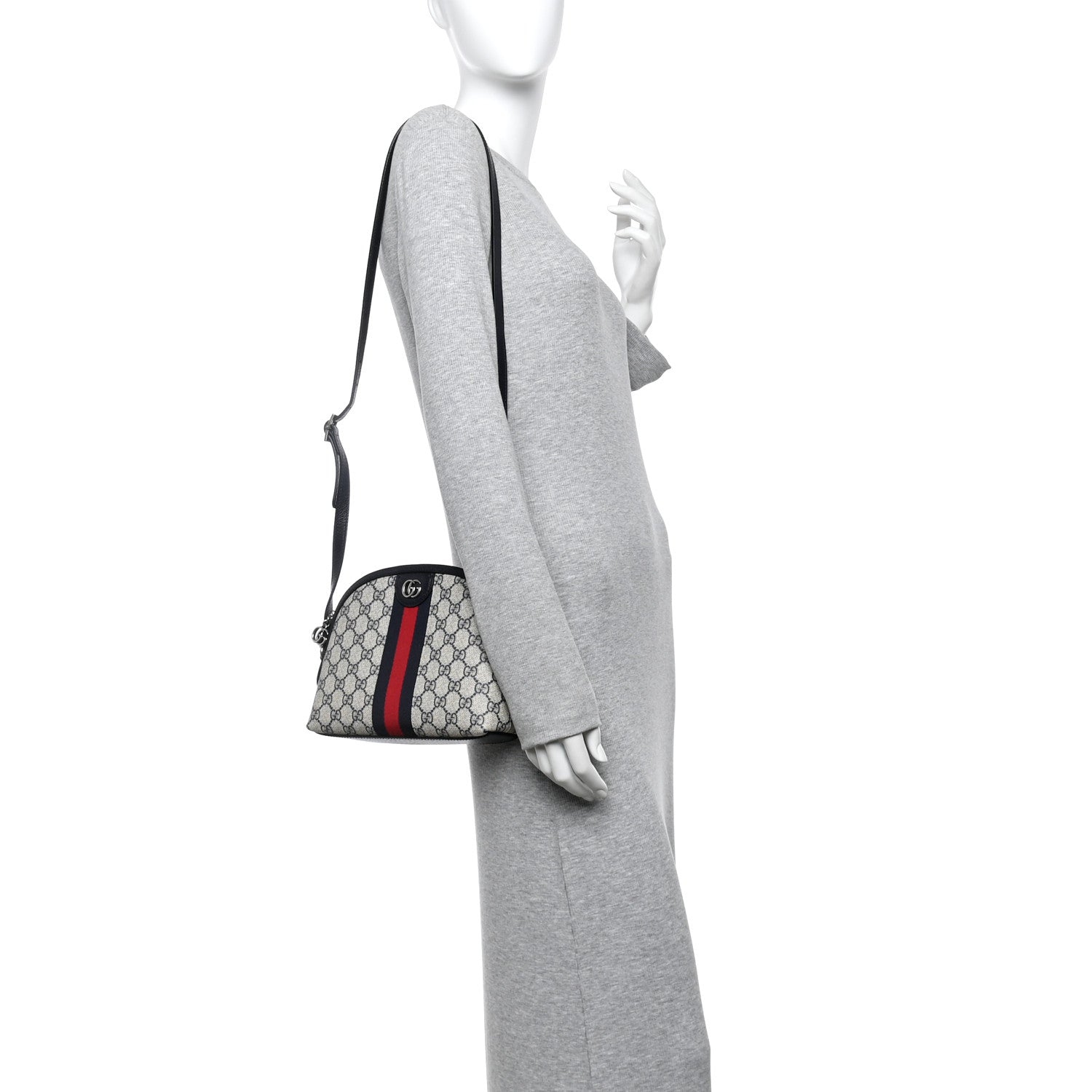 Gucci GG Supreme Monogram Textured Dollar Calfskin Web Small Ophidia Dome Shoulder Bag Beige Blue 2 of 11