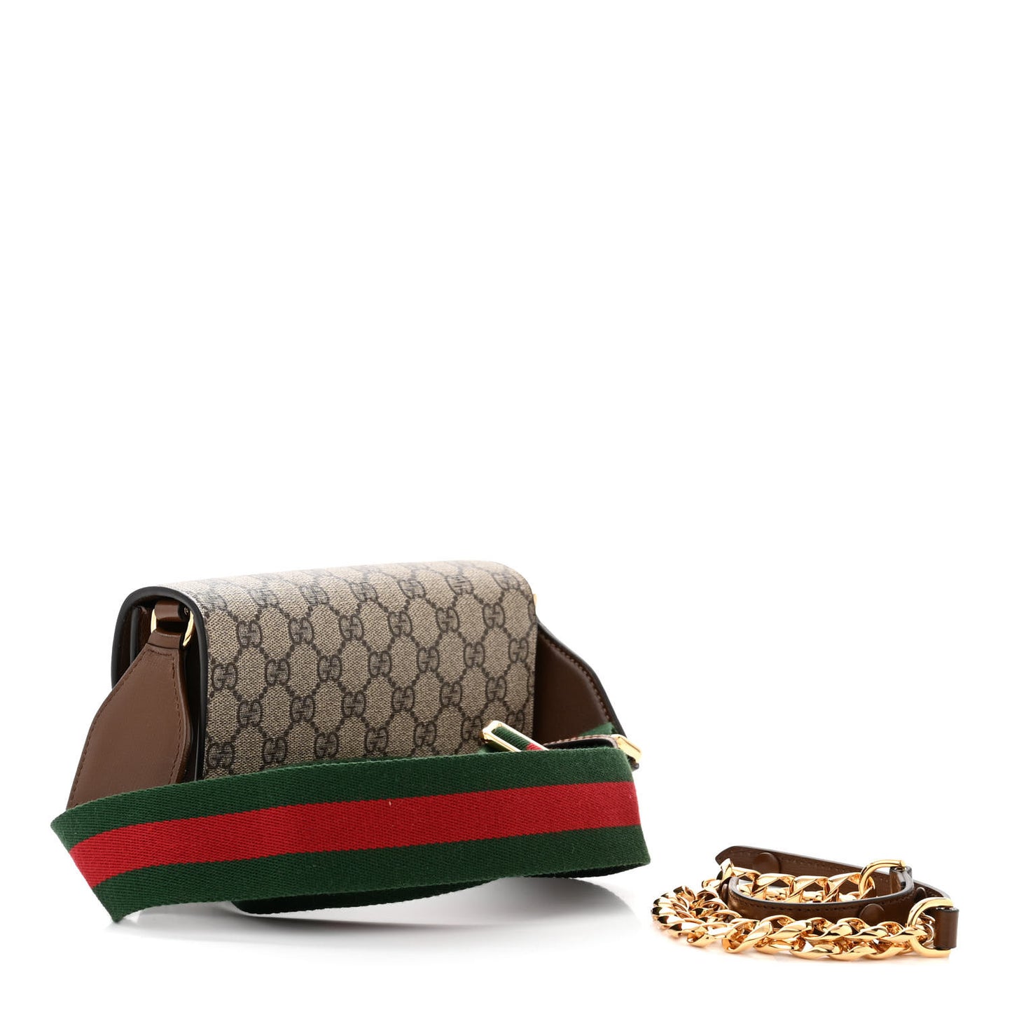 GG Supreme Monogram Azalea Calfskin Web Mini Horsebit 1955 Chain Shoulder Bag Beige Ebony Brown Sugar