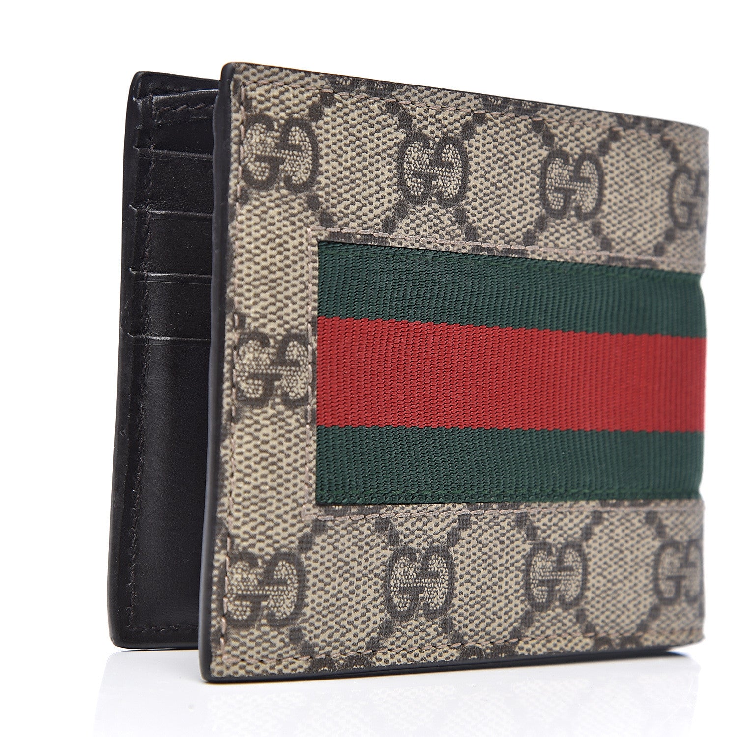 Gucci GG Supreme Monogram Selleria Calfskin Web Bee Embroidered New Web Bi-Fold Wallet Beige Ebony Cocoa 2 of 7