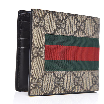 Gucci GG Supreme Monogram Selleria Calfskin Web Bee Embroidered New Web Bi-Fold Wallet Beige Ebony Cocoa 2 of 7