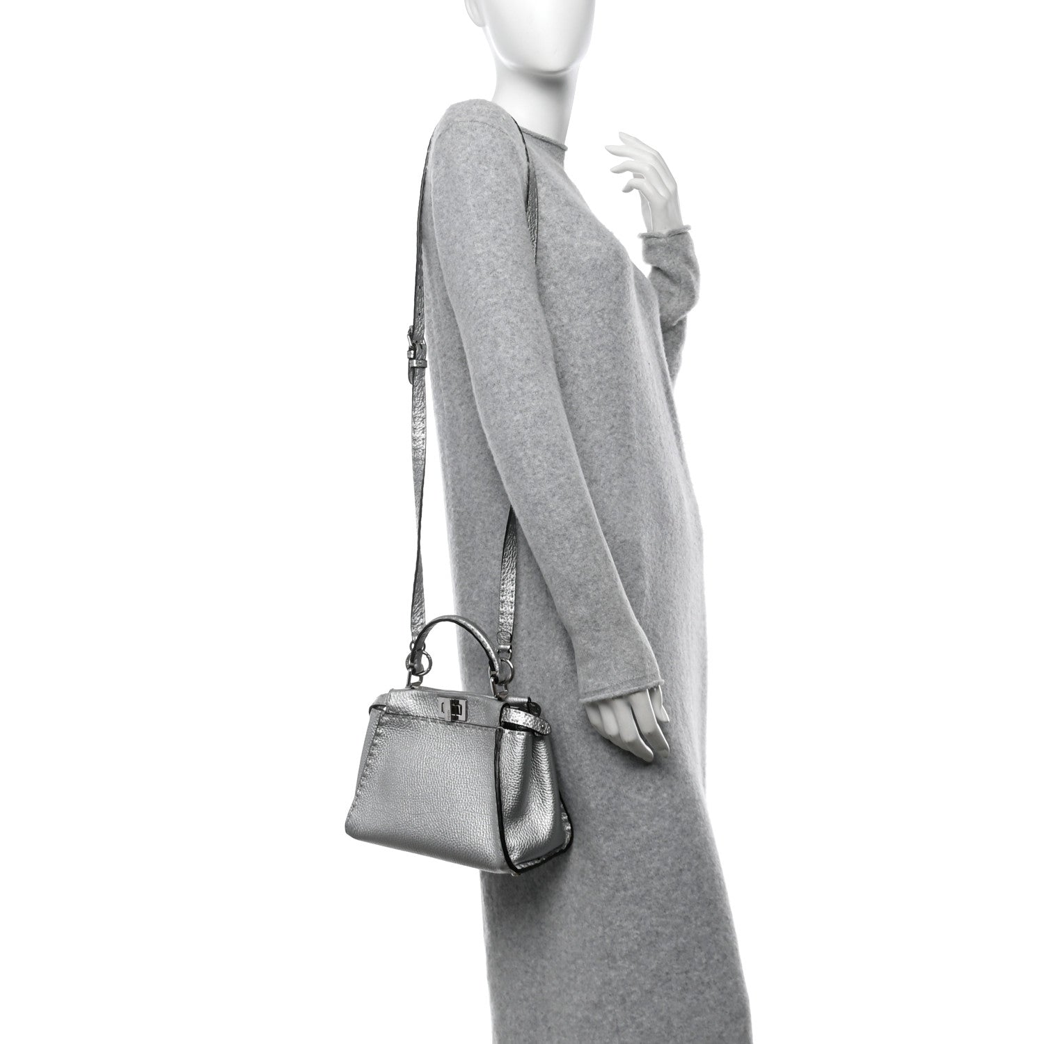 Fendi Cuoio Romano Lux Selleria Mini Peekaboo Iconic Satchel Argento 2 of 12