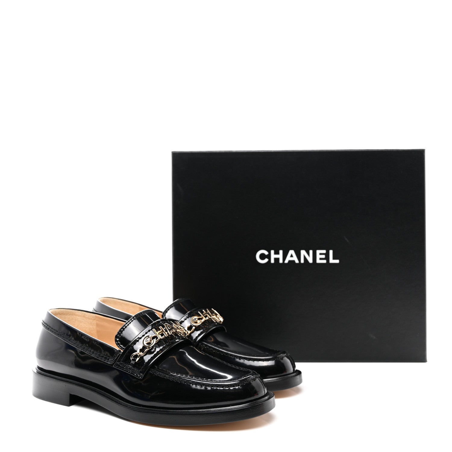 Chanel Shiny Calfskin Logo Loafers 38 Black 9 of 9