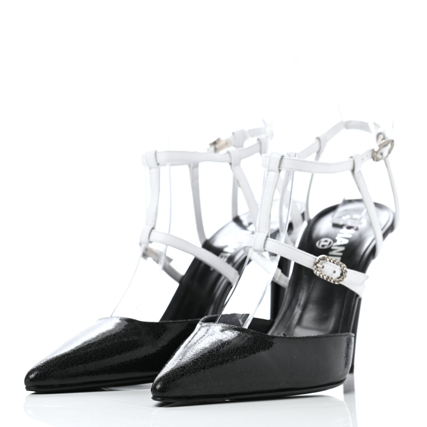 Crackled Calfskin Patent Ankle Strap Pumps 40 Black White