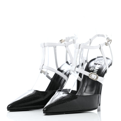 Chanel Crackled Calfskin Patent Ankle Strap Pumps 40 Black White 3 of 11