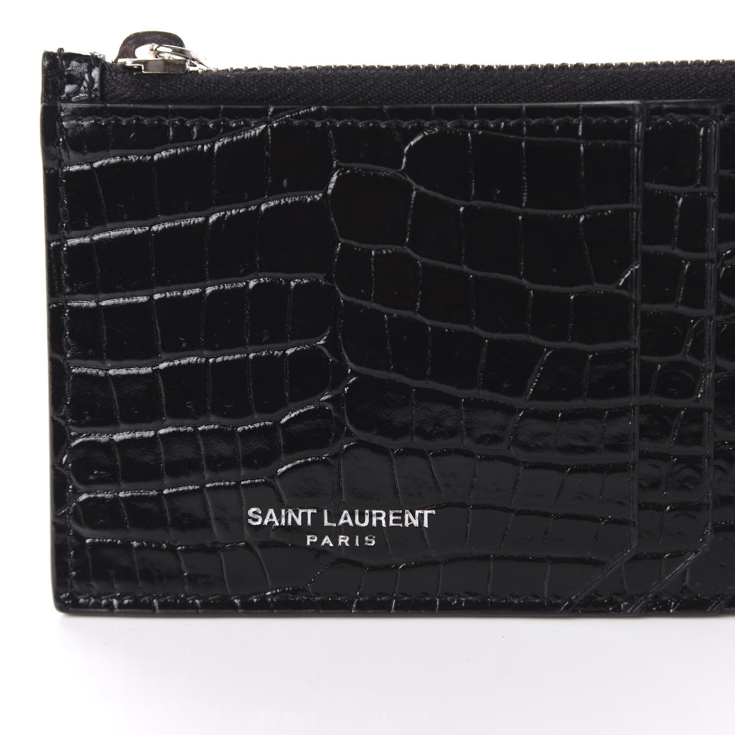 Saint Laurent Calfskin Crocodile Embossed 5 Fragments Zip Card Case Black 7 of 8