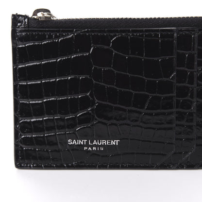 Saint Laurent Calfskin Crocodile Embossed 5 Fragments Zip Card Case Black 7 of 8