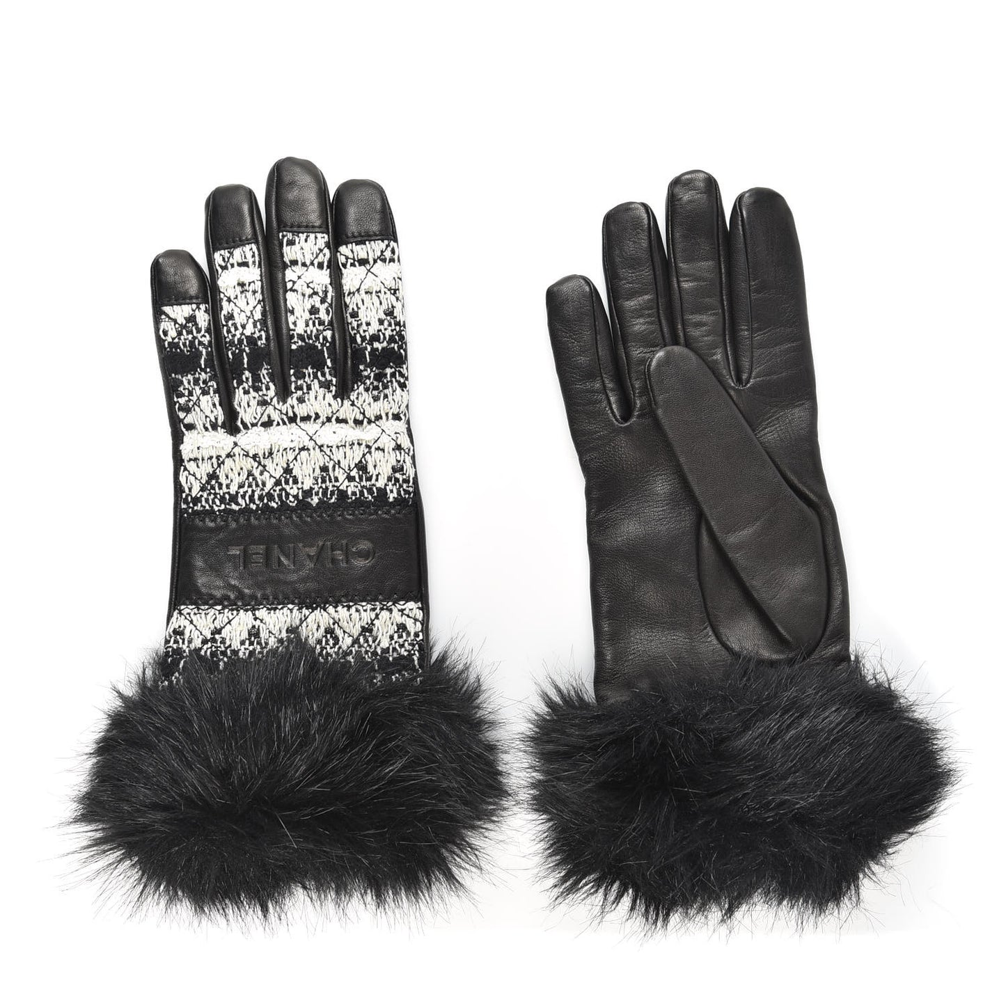 Lambskin Fur Tweed CC Gloves 7.5 Black