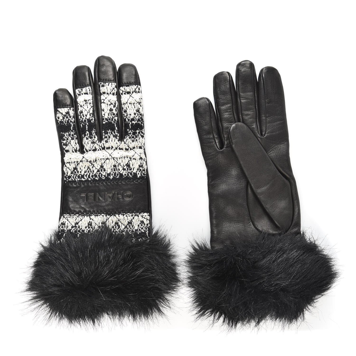 Chanel Lambskin Fur Tweed CC Gloves 7.5 Black 1 of 4