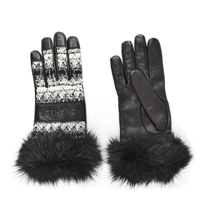 Chanel Lambskin Fur Tweed CC Gloves 7.5 Black 1 of 4