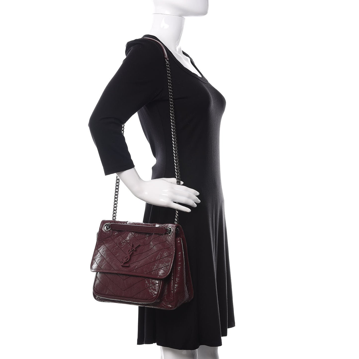 Crinkled Calfskin Matelasse Monogram Medium Niki Chain Satchel Burgundy