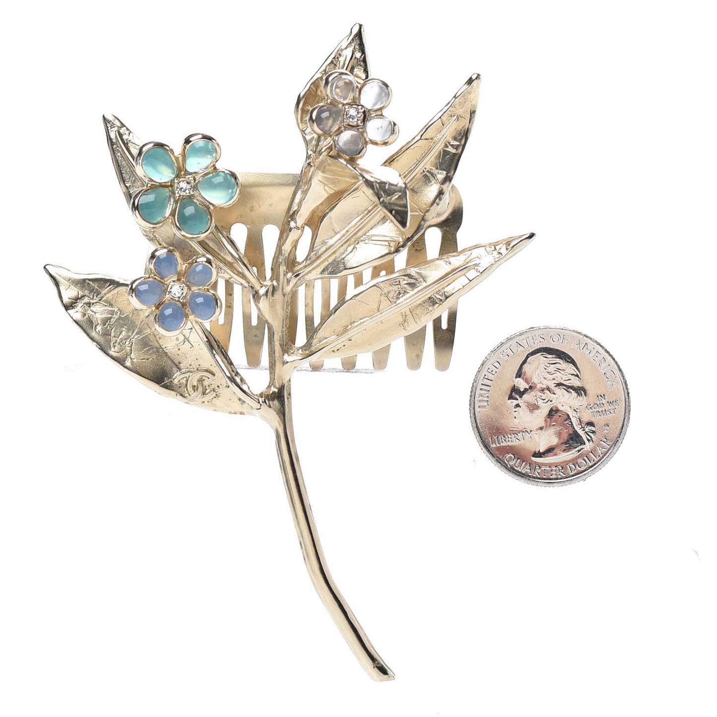 Metal Resin CC Floral Hair Comb Gold Blue Green