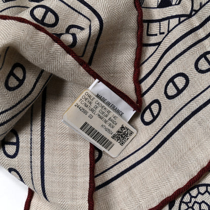 Hermes Cashmere Silk Cheval De Coeur Bandana Shawl 140 Naturel Marine 3 of 5