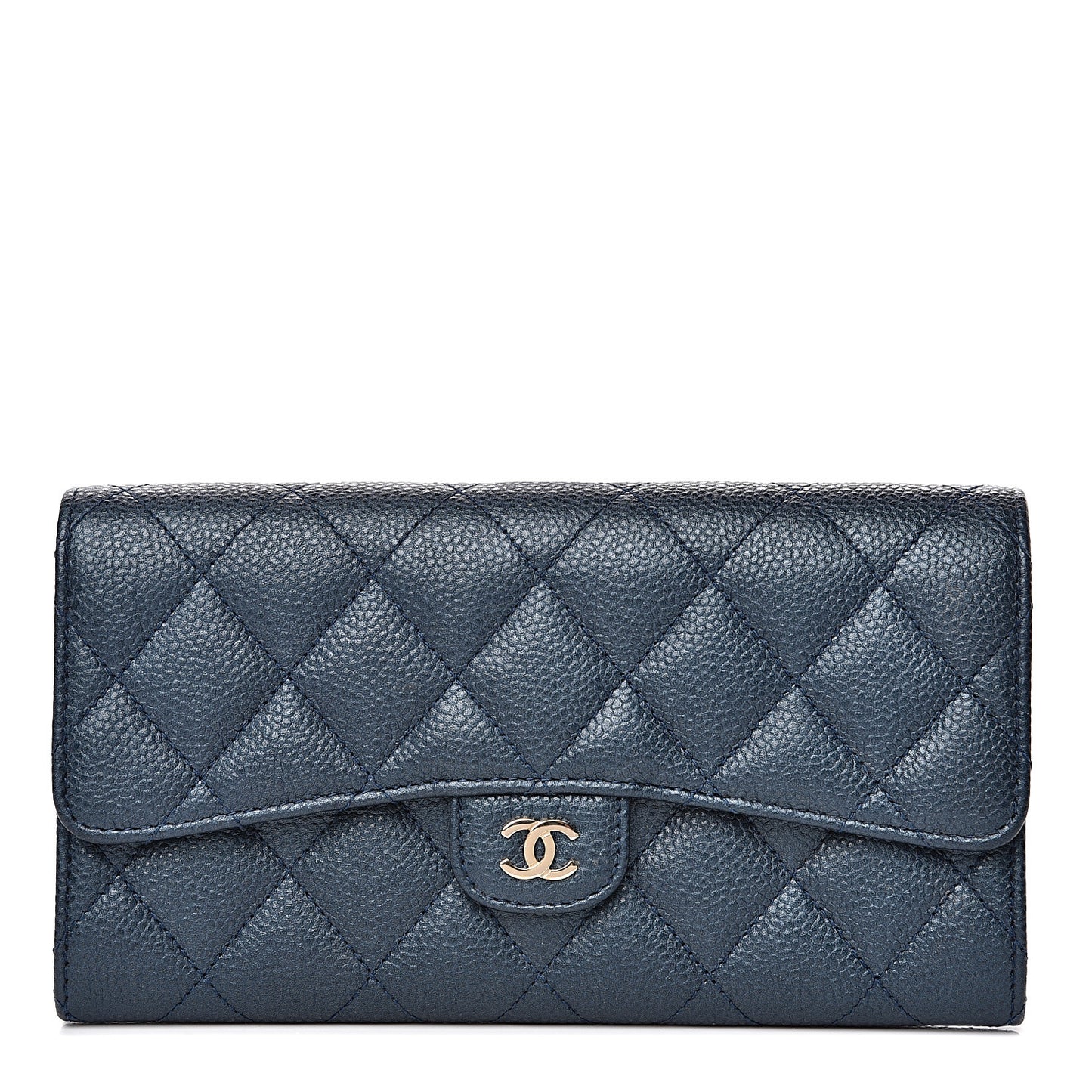 Iridescent Caviar Quilted Large Gusset Flap Wallet Dark Blue