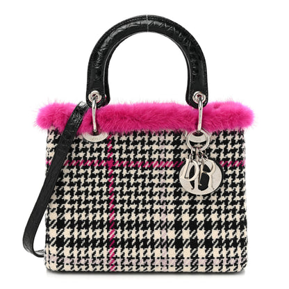 Christian Dior Tweed Crocodile Mink Plaid Medium Lady Dior Black Pink White 1 of 9