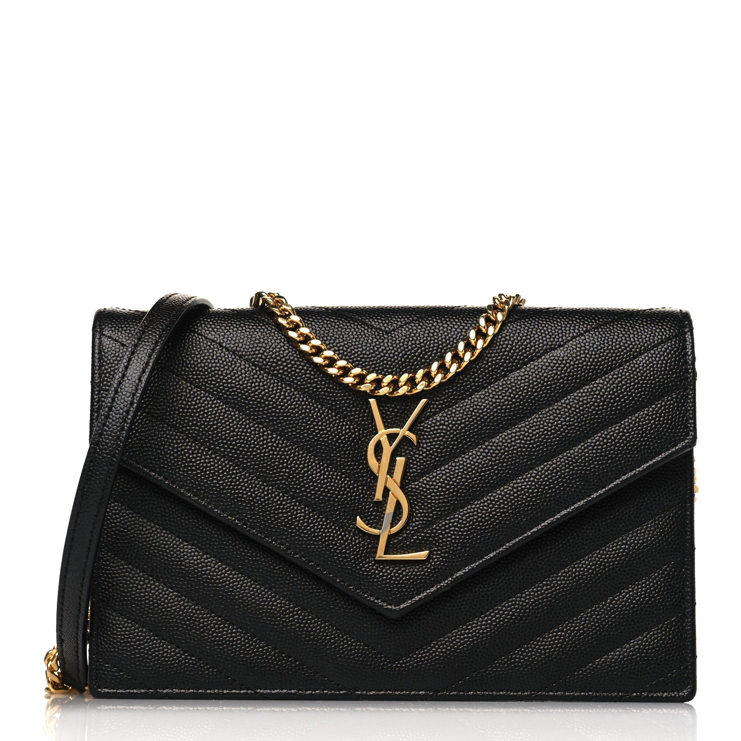 Saint Laurent Grain De Poudre Matelasse Chevron Monogram Envelope Chain Wallet Black 1 of 8